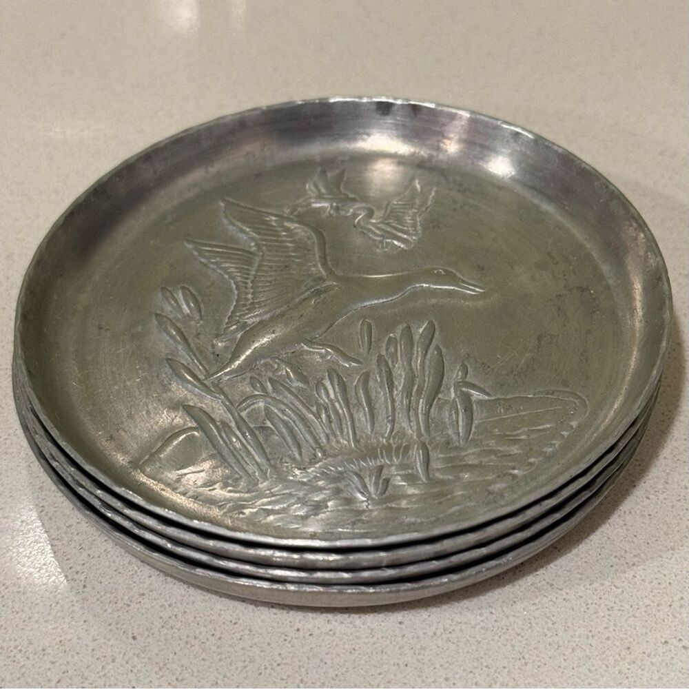Vintage Aluminum Duck Coasters — Set of 4, Mid-Century Flying Duck/Marsh Motif